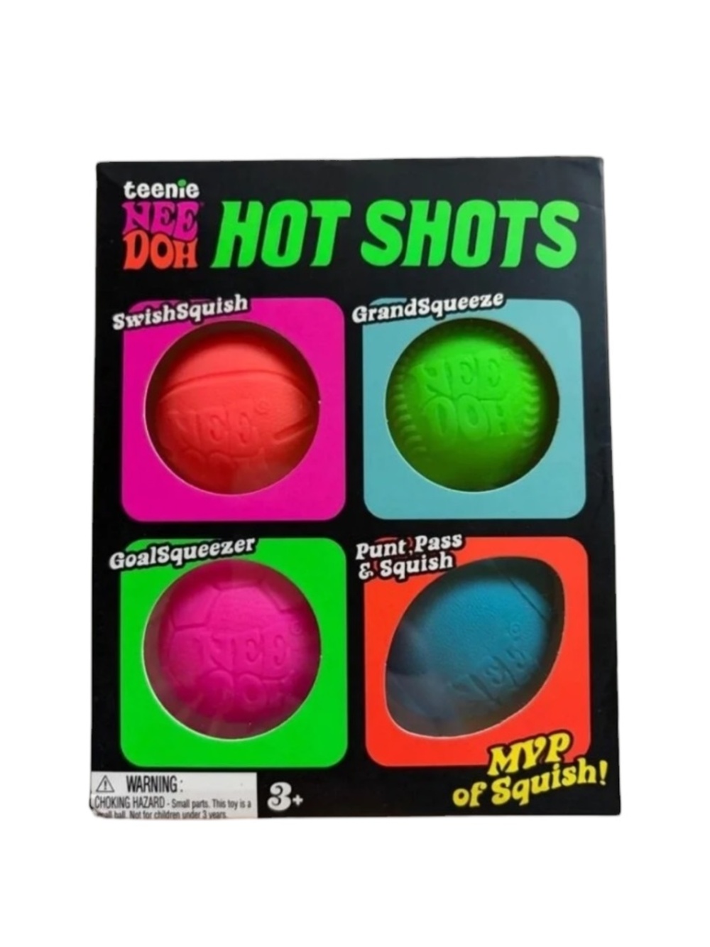 NeeDoh Hot Shots Teenie Squishy Sports Ball Schylling Fidget Toy Set 4 Pack NIB